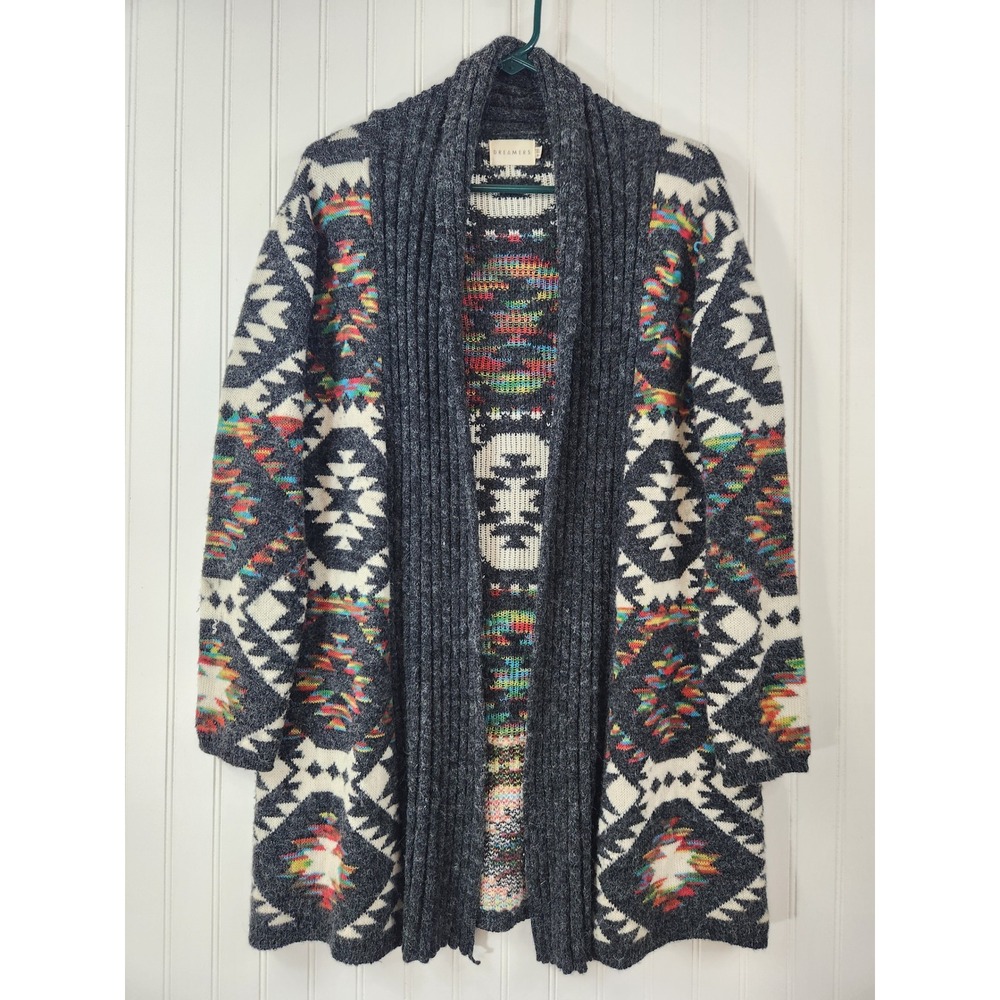 Dreamers Aztec Southwestern Geometric Open Front Cardigan Gray Multicolor M